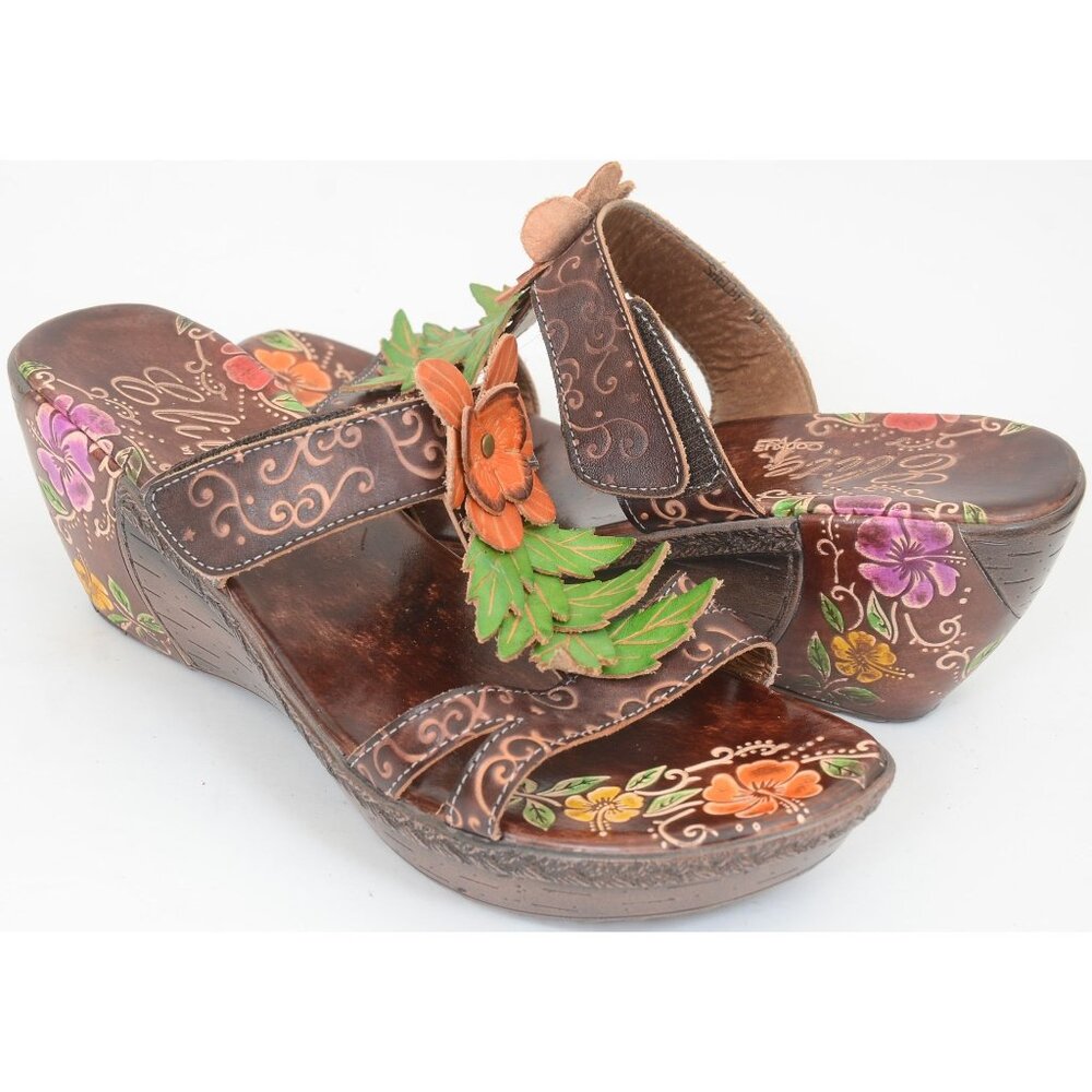 Corkys Hand Painted Floral Leather Slip-On Wedge Heel Sandal Boho Colorful Sz 10